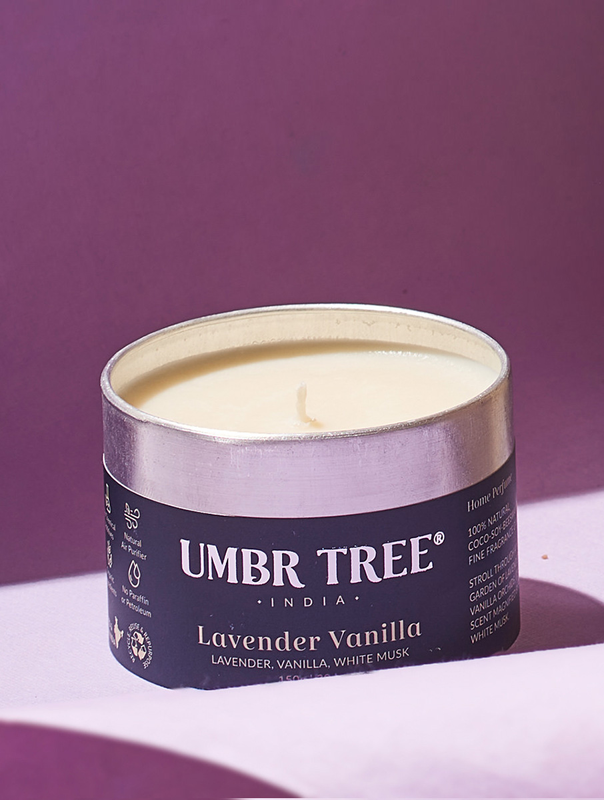 Lavender Vanilla Traveller Candle, Natural Air Purifier, Toxin Free, 150g, 30hrs